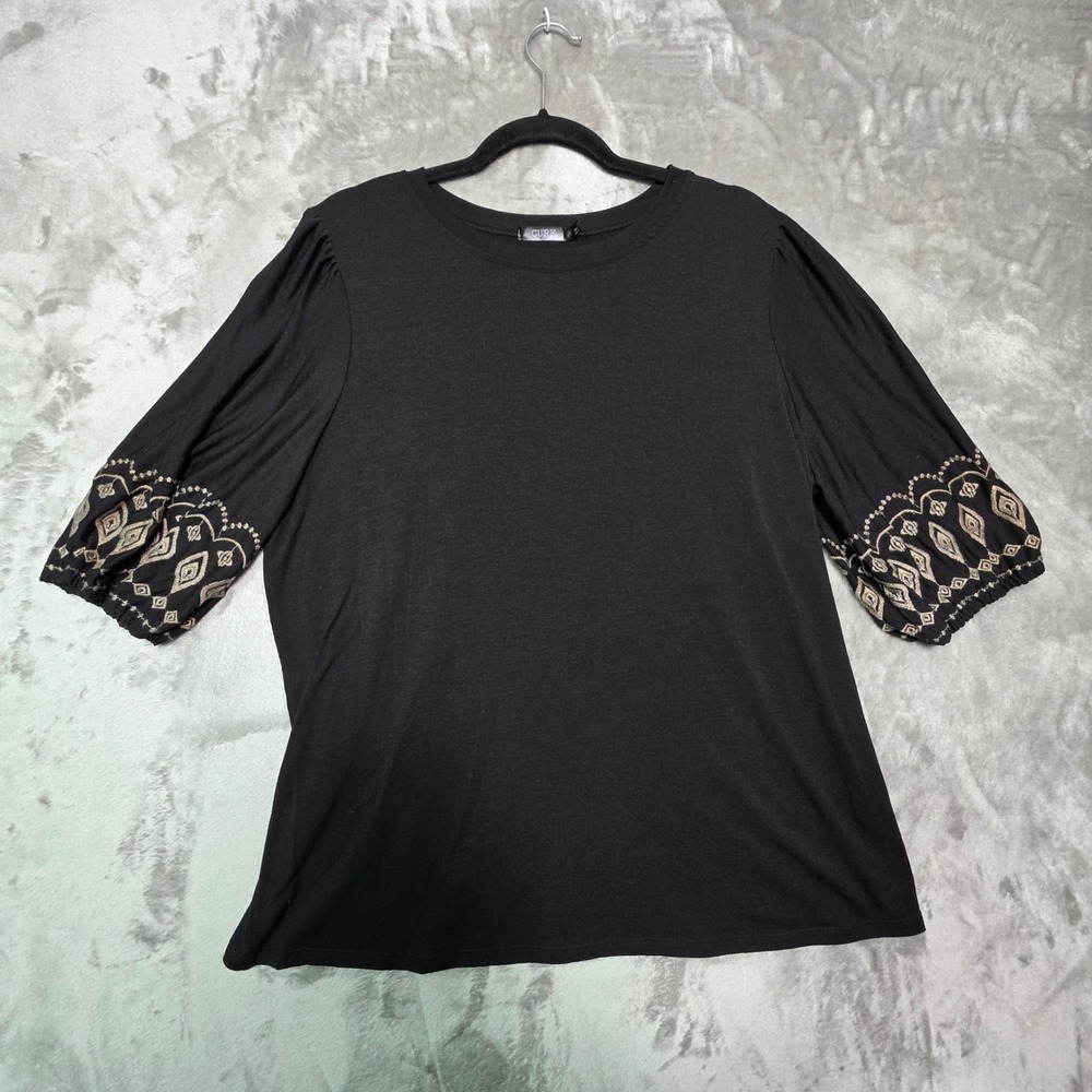 Cure Womens XL Black Puff Sleeve Embroidered Boho Knit Top M2-3554-9